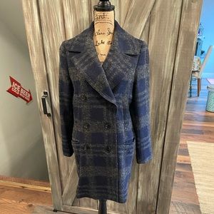 Blue and grey double-breasted wool blend coat